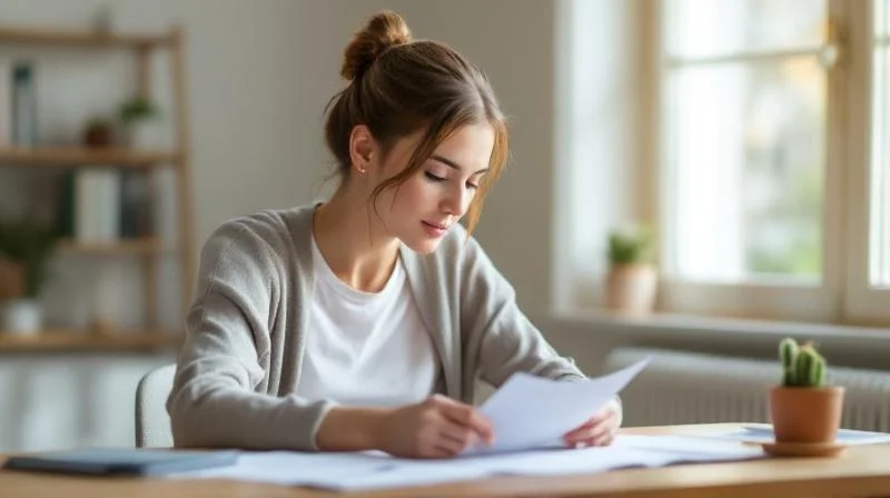 Frau sitzt in einem hellen Buero in Muenster und fuellt Unterlagen am Laptop aus