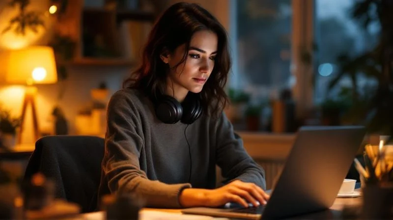 Frau lernt am Abend am Laptop fuer ihre IHK-Fortbildung in Muenster