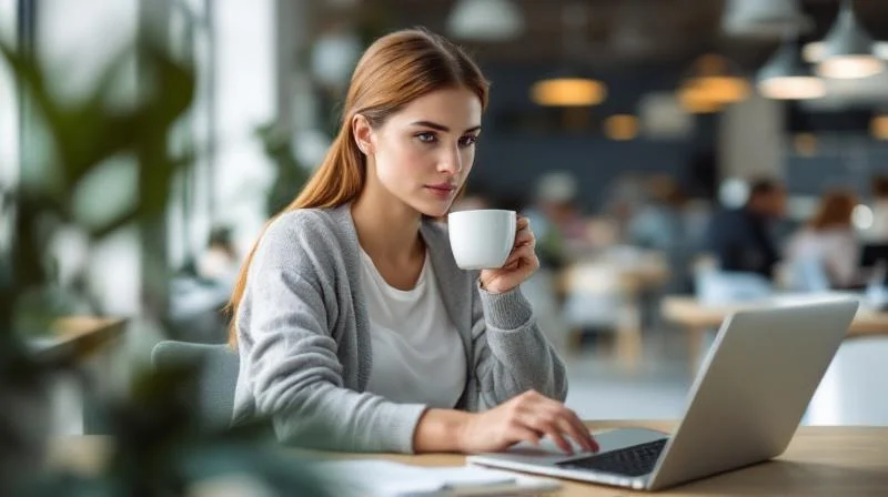 Frau mit Kaffeebecher schaut konzentriert auf ihren Laptop in einem hellen Buero in Muenster