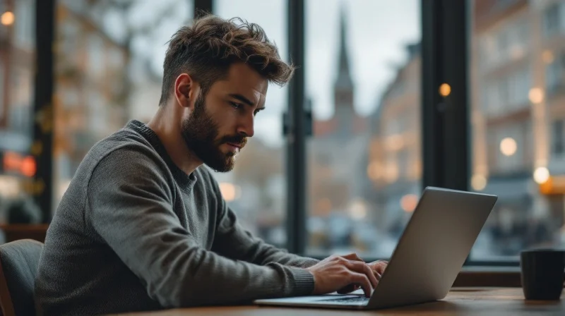 Münsteraner Angestellter mit Laptop im Coworking, im Hintergrund Promenade und Lambertikirche