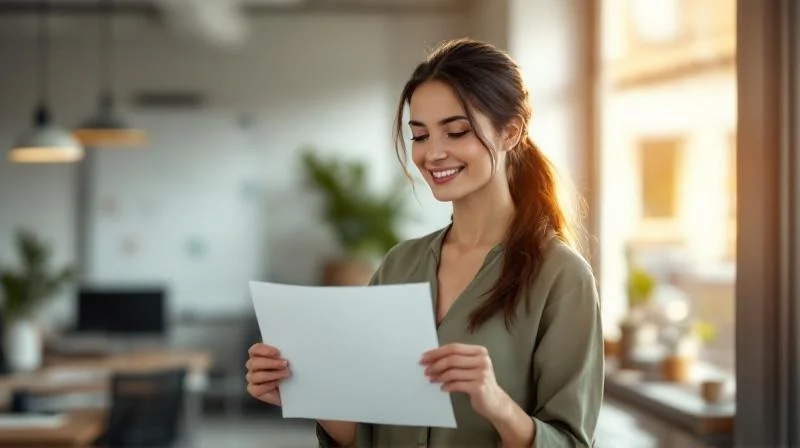 Frau haelt stolz ein Zeugnis in den Haenden in einem hellen Raum
