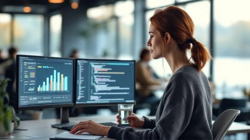 Quereinsteigerin in einer Münsteraner Versicherungszentrale am Schreibtisch, arbeitet konzentriert mit zwei Monitoren an einem digitalen Dashboard