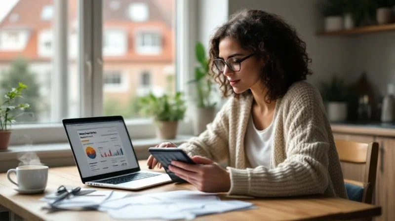 Junge Münsteraner Versicherungskauffrau am Küchentisch mit Laptop und Steuerunterlagen, beim Eintragen von Werbungskosten in eine Steuersoftware