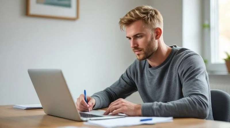 Mann lernt am Schreibtisch mit Laptop und Notizen in Muenster